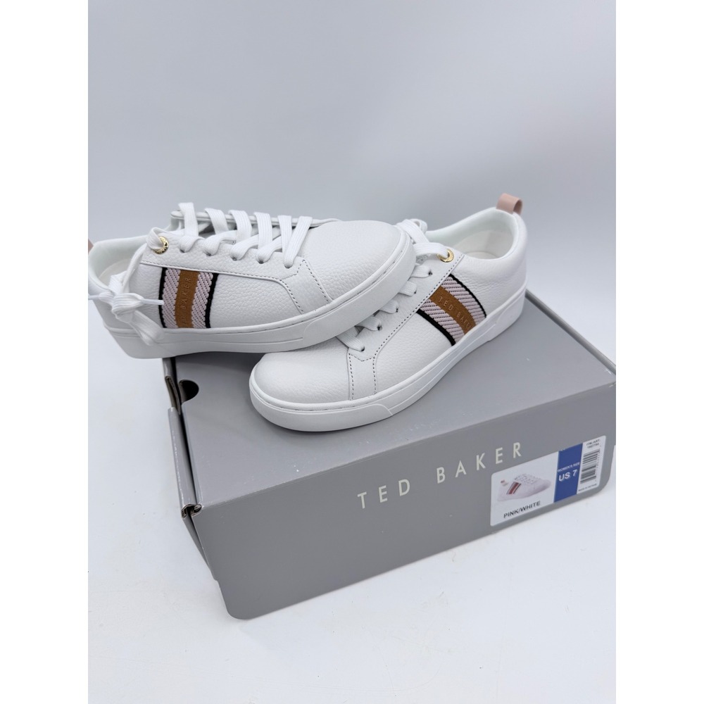 Ted Baker Sneakers Womens 7 White Pink Bailey Icon Leather Low Top Shoes Logo